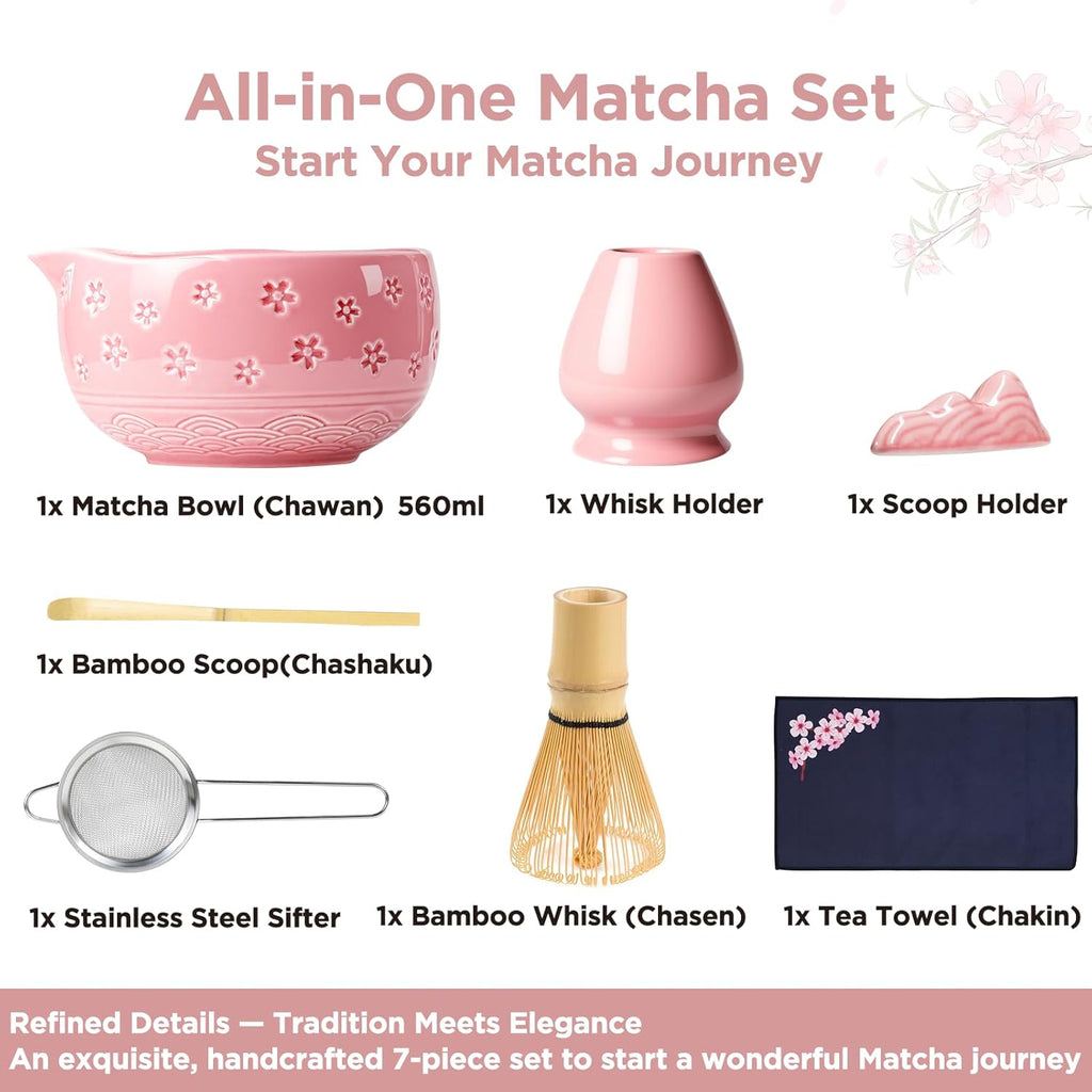 Matcha Whisk Set: 7-PCS Matcha Set Whisk & Bowl Kit (Pink)
